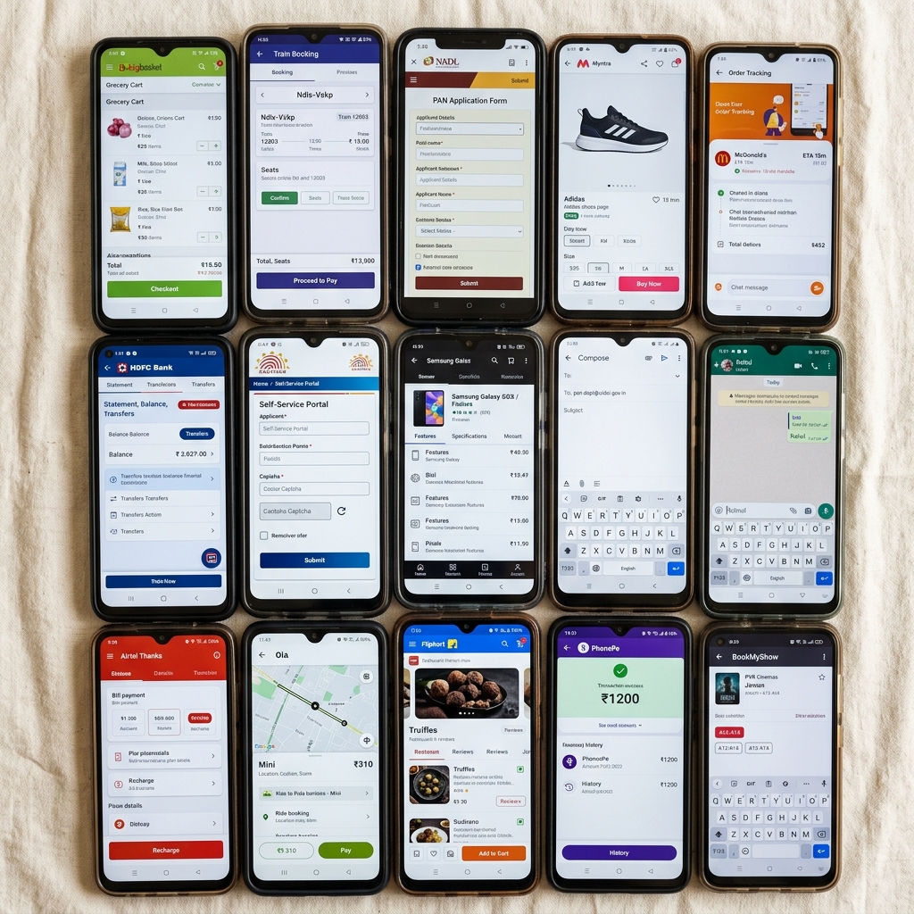 A pile of smartphones showing dense English-only app screens